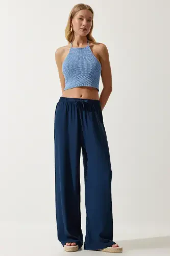 Women's Navy Blue Summer Viscose Palazzo Pants EN00610-Navy Blue - 1