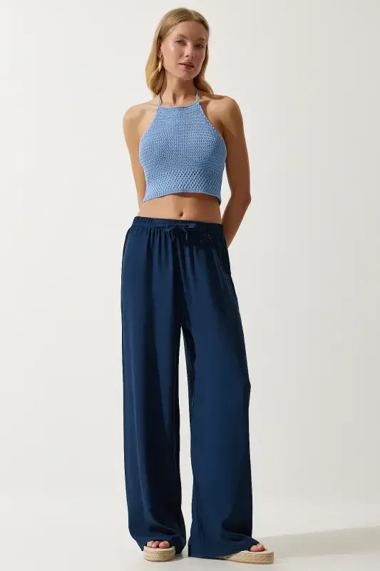 Women's Navy Blue Summer Viscose Palazzo Pants EN00610-Navy Blue - HAPPINESS İSTANBUL