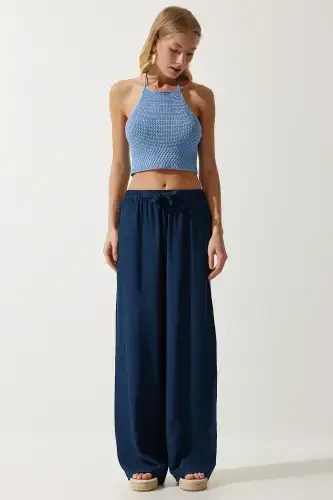 Women's Navy Blue Summer Viscose Palazzo Pants EN00610-Navy Blue - HAPPINESS İSTANBUL (1)
