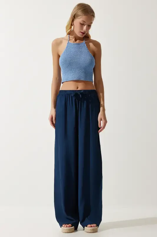 Women's Navy Blue Summer Viscose Palazzo Pants EN00610-Navy Blue - 2