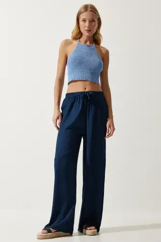 Women's Navy Blue Summer Viscose Palazzo Pants EN00610-Navy Blue - 3