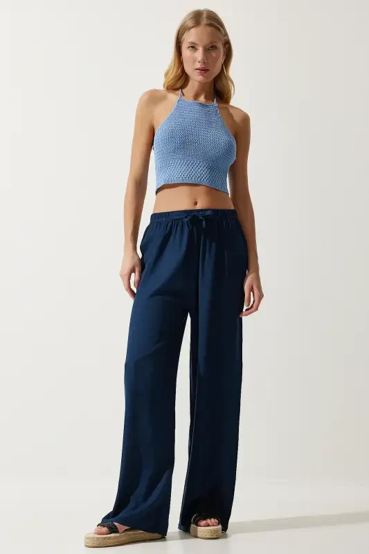 Women's Navy Blue Summer Viscose Palazzo Pants EN00610-Navy Blue - 3
