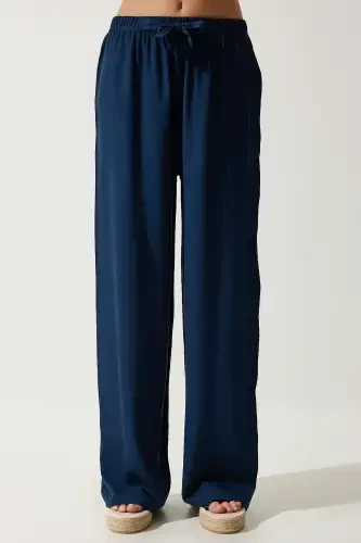Women's Navy Blue Summer Viscose Palazzo Pants EN00610-Navy Blue - 4
