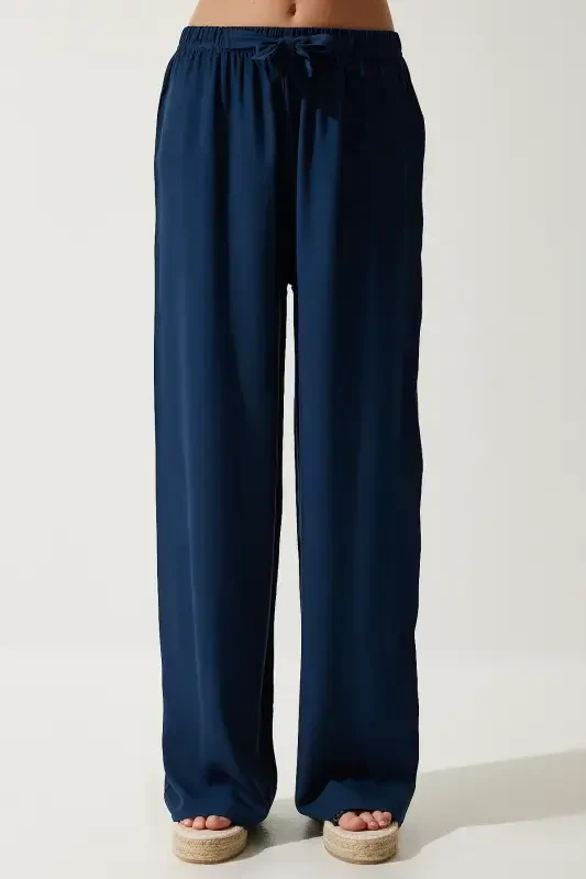 Women's Navy Blue Summer Viscose Palazzo Pants EN00610-Navy Blue - 4