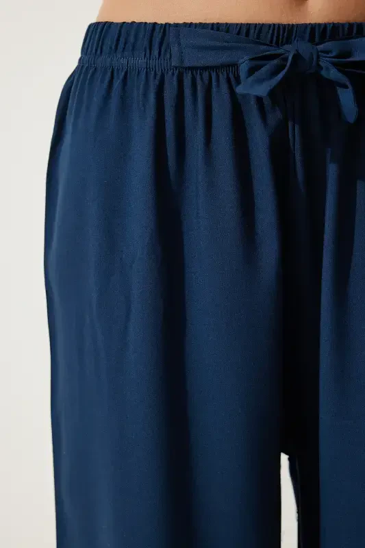 Women's Navy Blue Summer Viscose Palazzo Pants EN00610-Navy Blue - 5