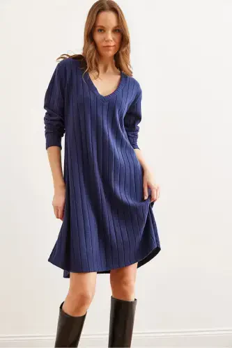 Women's Navy Blue Thick Ribbed V-Neck Mini Dress EL - 1