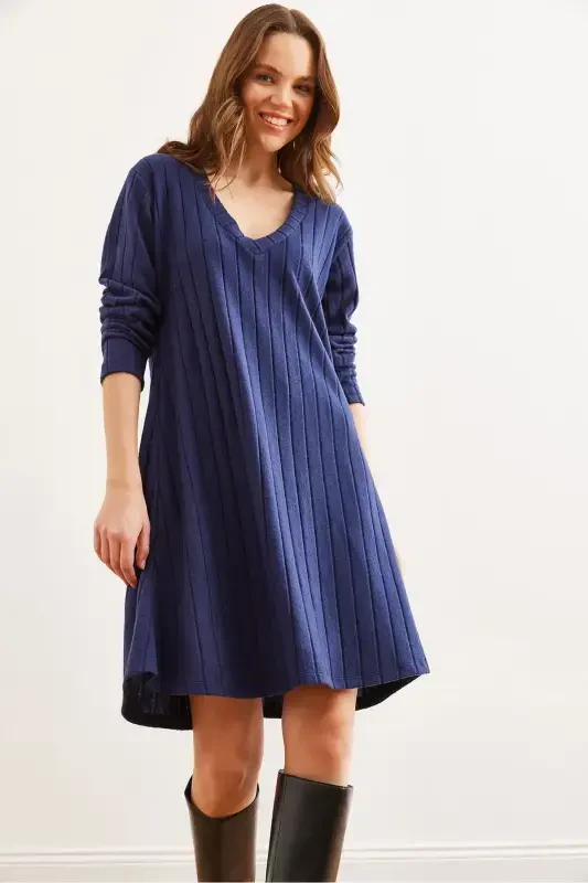 Women's Navy Blue Thick Ribbed V-Neck Mini Dress EL - 2
