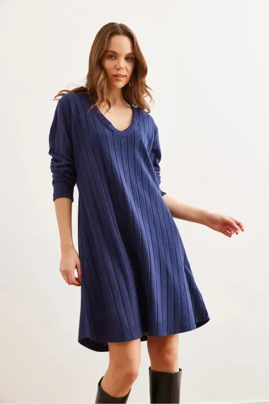 Women's Navy Blue Thick Ribbed V-Neck Mini Dress EL - 3