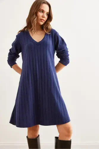 Women's Navy Blue Thick Ribbed V-Neck Mini Dress EL - 4
