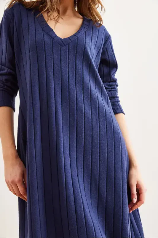 Women's Navy Blue Thick Ribbed V-Neck Mini Dress EL - 5