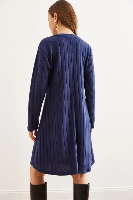 Women's Navy Blue Thick Ribbed V-Neck Mini Dress EL - 6