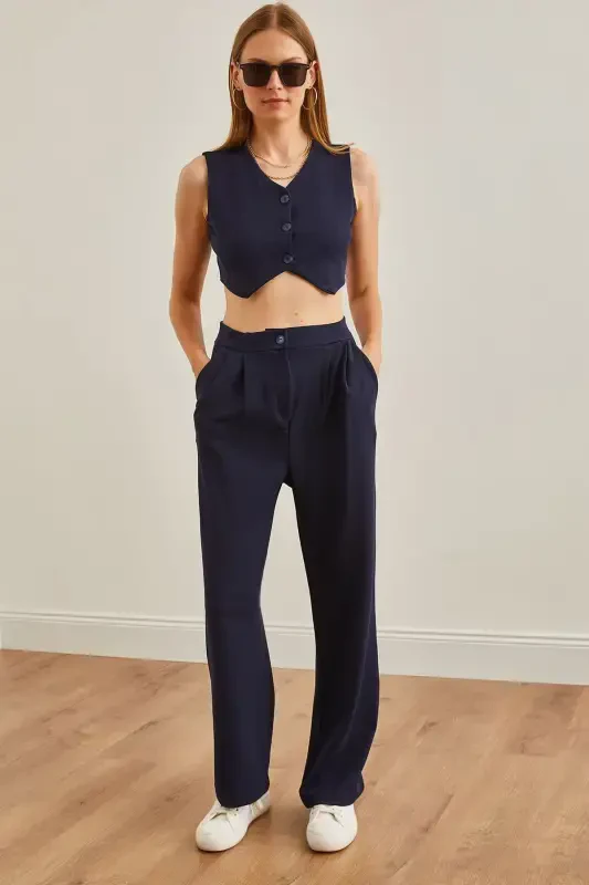 Women's Navy Blue Top Vest Pocketed Palazzo Pants Suit T - 1