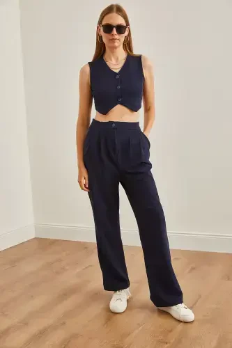 Women's Navy Blue Top Vest Pocketed Palazzo Pants Suit T - OLALOOK (1)