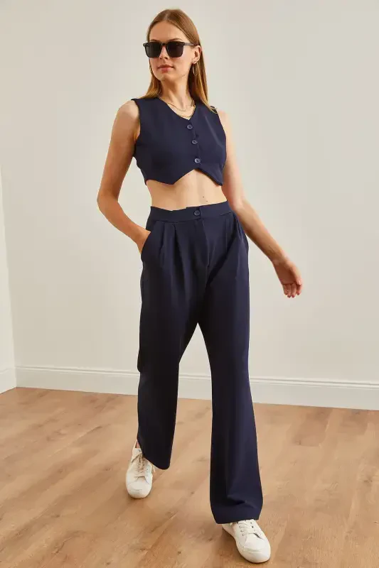 Women's Navy Blue Top Vest Pocketed Palazzo Pants Suit T - 3