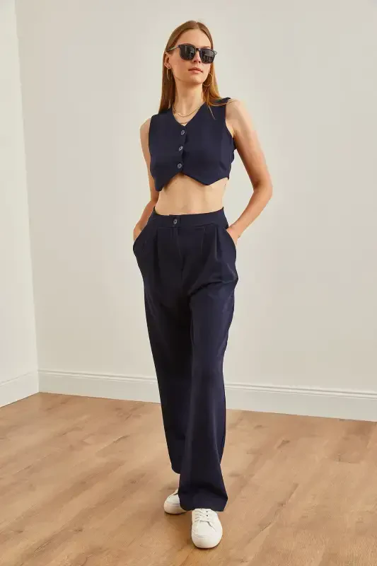 Women's Navy Blue Top Vest Pocketed Palazzo Pants Suit T - 5