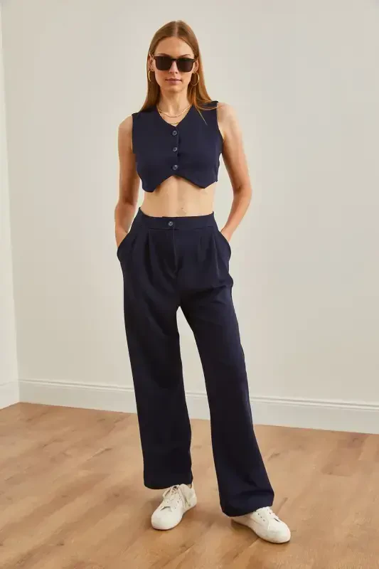 Women's Navy Blue Top Vest Pocketed Palazzo Pants Suit T - 6
