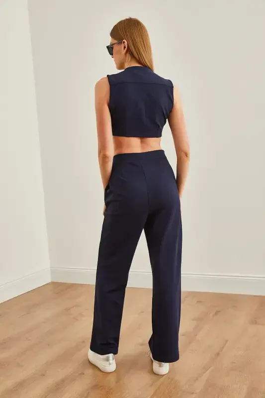 Women's Navy Blue Top Vest Pocketed Palazzo Pants Suit T - 7