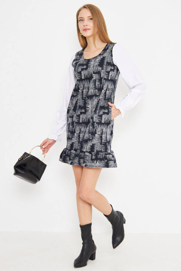 Women's Navy Blue U-Neck Ruffle Detail Long Dress - 1