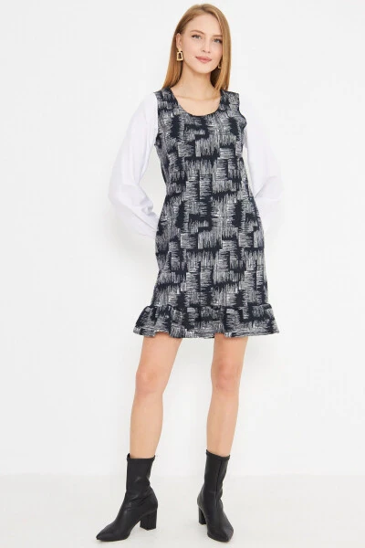 Women's Navy Blue U-Neck Ruffle Detail Long Dress - ARMONIKA (1)