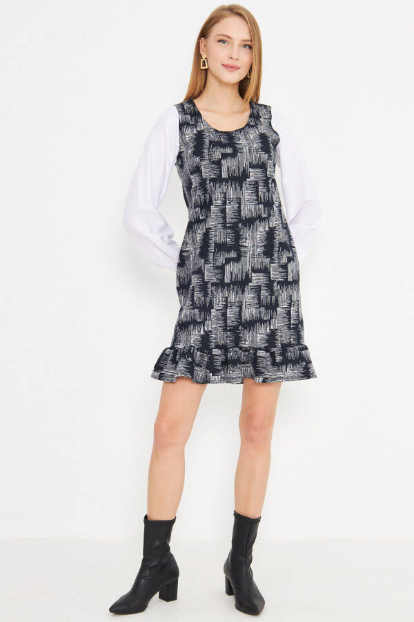 Women's Navy Blue U-Neck Ruffle Detail Long Dress - 2