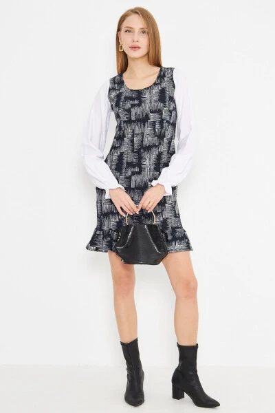 Women's Navy Blue U-Neck Ruffle Detail Long Dress - 3