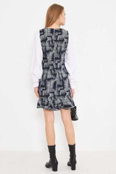 Women's Navy Blue U-Neck Ruffle Detail Long Dress - 4