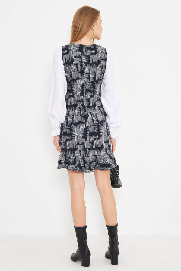 Women's Navy Blue U-Neck Ruffle Detail Long Dress - 4