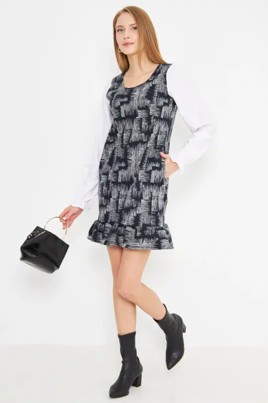 Women's Navy Blue U-Neck Ruffle Detail Long Dress - 2