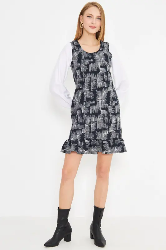 Women's Navy Blue U-Neck Ruffle Detail Long Dress - 3
