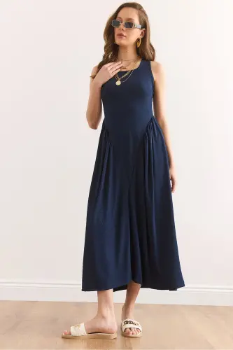 Women's Navy Blue U-Neck Soft Touch Maxi Stretch E 