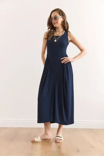 Women's Navy Blue U-Neck Soft Touch Maxi Stretch E - 3