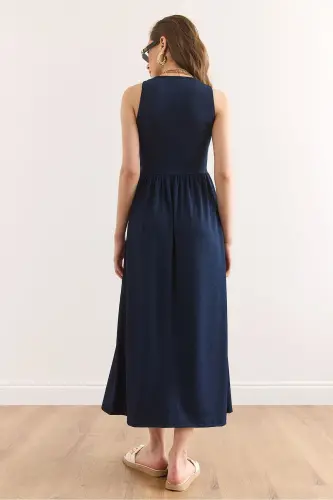 Women's Navy Blue U-Neck Soft Touch Maxi Stretch E - 5