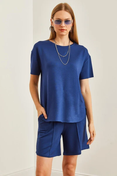 Women's Navy Blue Upper Oval T-shirt, Lower Shorts with Pockets Set TKM-19000303 - 5