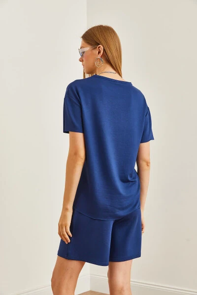 Women's Navy Blue Upper Oval T-shirt, Lower Shorts with Pockets Set TKM-19000303 - 6