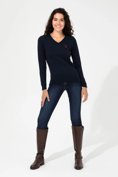 Women's Navy Blue V-Neck Basic Sweater 50251903-VR033 - 8