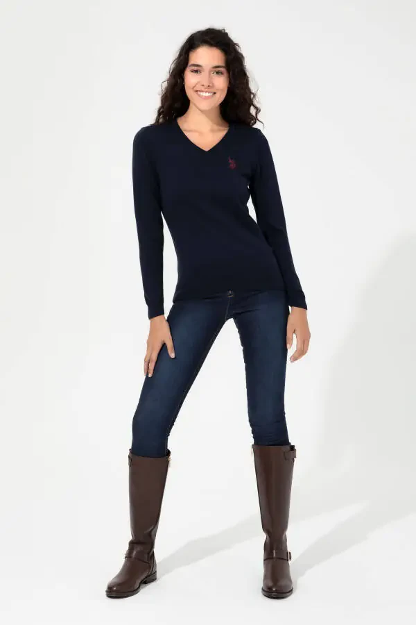 Women's Navy Blue V-Neck Basic Sweater 50251903-VR033 - 8