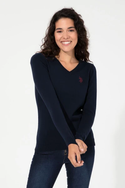 Women's Navy Blue V-Neck Basic Sweater 50251903-VR033 - 9