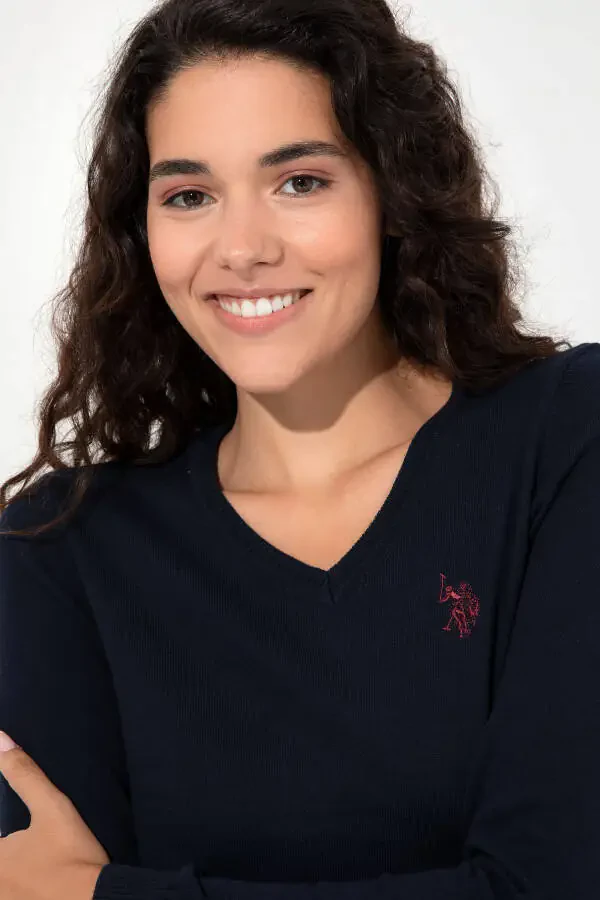 Women's Navy Blue V-Neck Basic Sweater 50251903-VR033 - 10