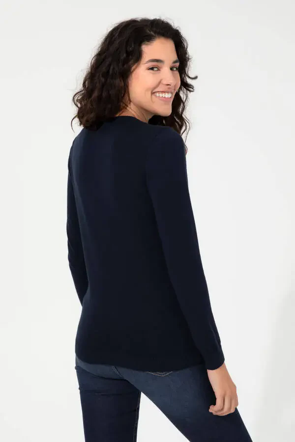 Women's Navy Blue V-Neck Basic Sweater 50251903-VR033 - 11