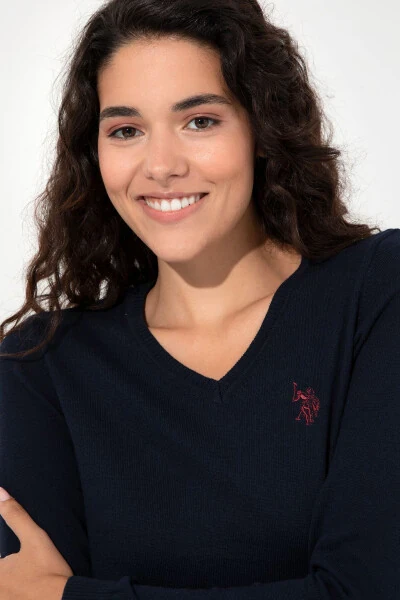 Women's Navy Blue V-Neck Basic Sweater 50251903-VR033 - 4