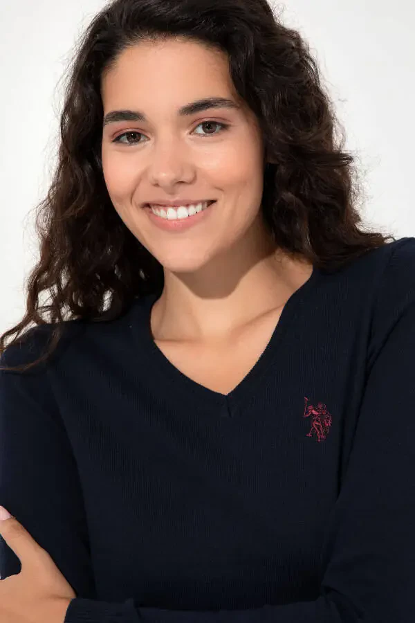 Women's Navy Blue V-Neck Basic Sweater 50251903-VR033 - 4