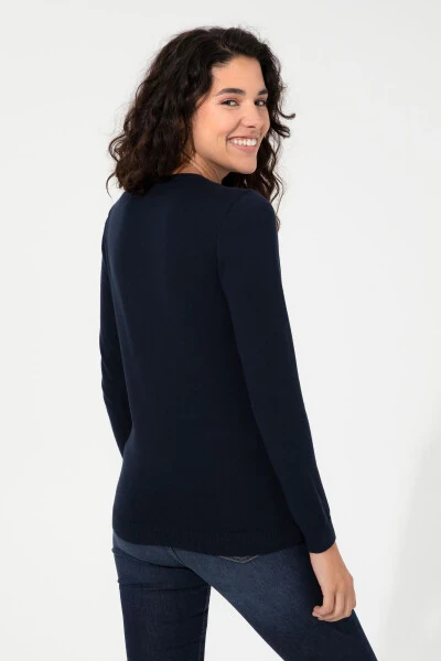 Women's Navy Blue V-Neck Basic Sweater 50251903-VR033 - 5
