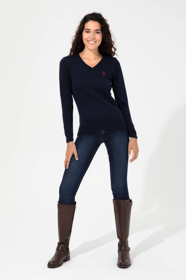 Women's Navy Blue V-Neck Basic Sweater 50251903-VR033 - 2