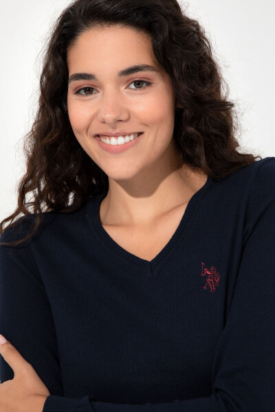 Women's Navy Blue V-Neck Basic Sweater 50251903-VR033 - 4
