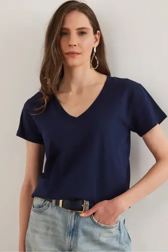 Women's Navy Blue V-Neck Flamed T-Shirt TSH-19000396-L - 1