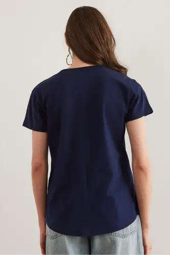 Women's Navy Blue V-Neck Flamed T-Shirt TSH-19000396-L - 2