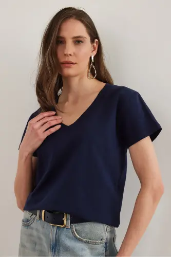 Women's Navy Blue V-Neck Flamed T-Shirt TSH-19000396-L - 4