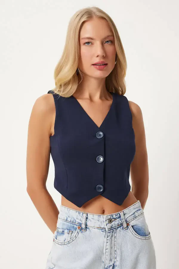 Women's Navy Blue V-Neck Lycra Knitted Crop Vest RV00198 - 2