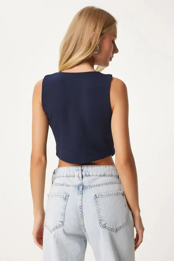 Women's Navy Blue V-Neck Lycra Knitted Crop Vest RV00198 - 3