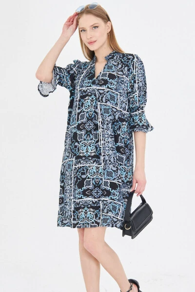 Women's Navy Blue V-Neck Pleated Detail Pocketed Quarter Sleeve - ARMONIKA